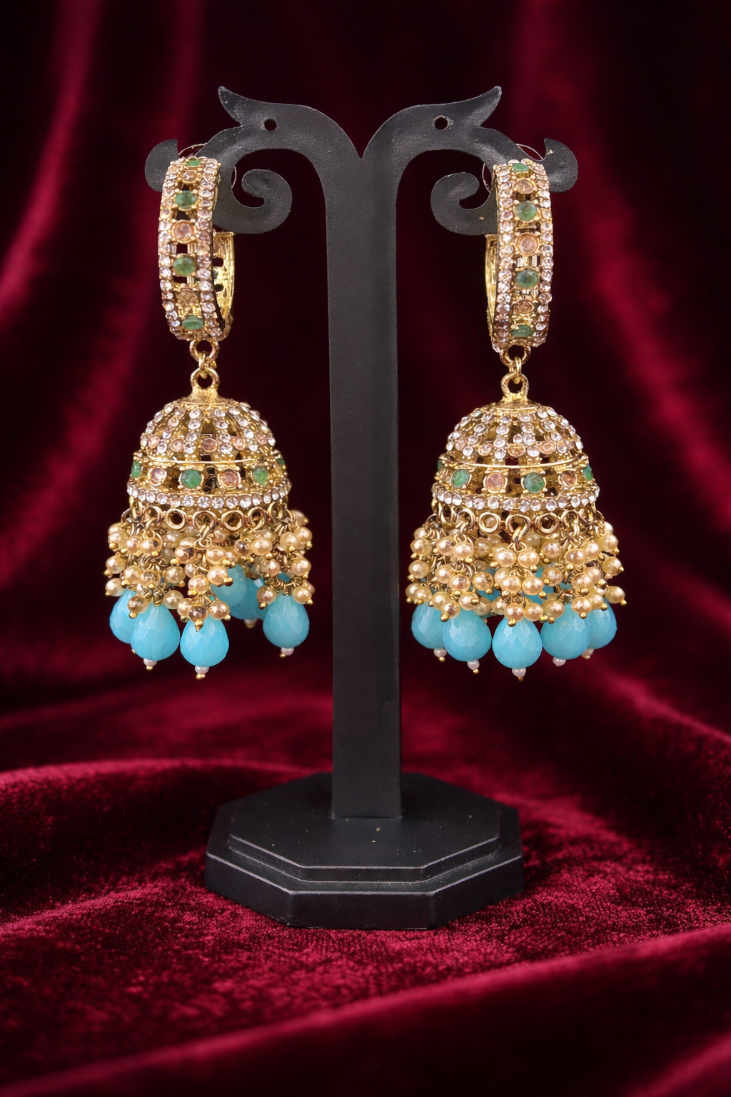 The Roshan Crystal & Pearl Bali Jhumkas – Aqua Blue