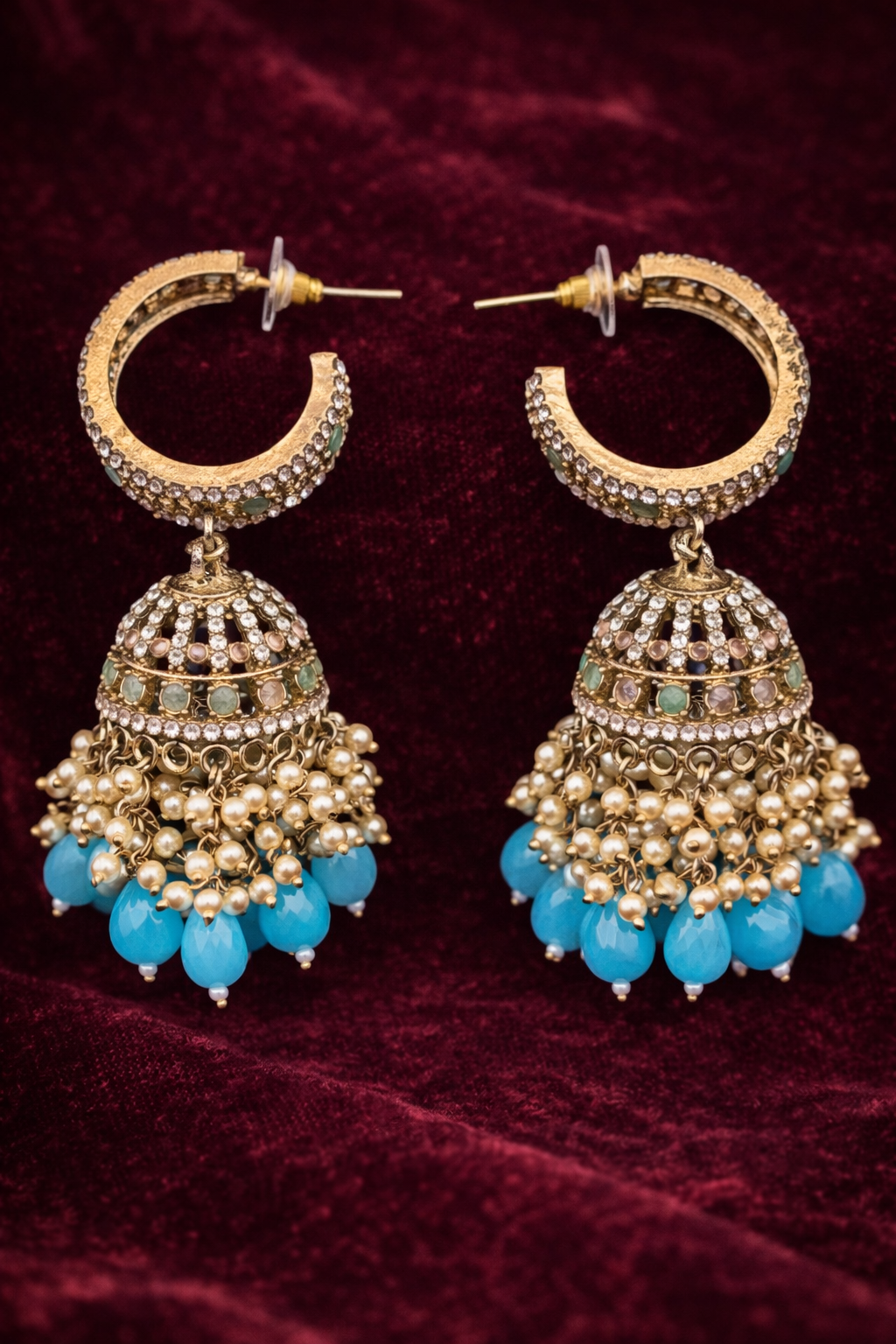The Roshan Crystal & Pearl Bali Jhumkas – Aqua Blue