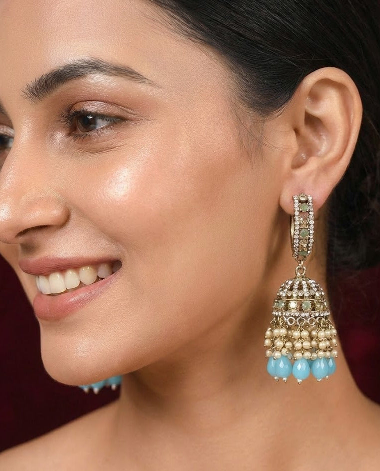 The Roshan Crystal & Pearl Bali Jhumkas – Aqua Blue