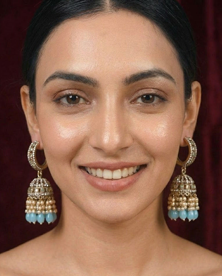 The Roshan Crystal & Pearl Bali Jhumkas – Aqua Blue