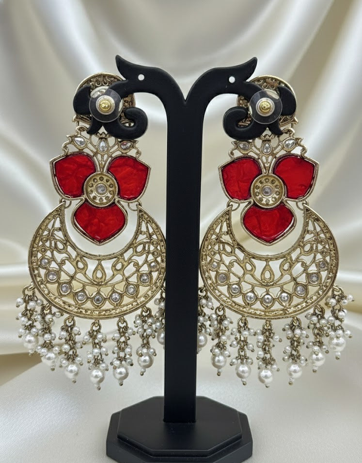 Royal Kundan Chandbali Earrings - Red