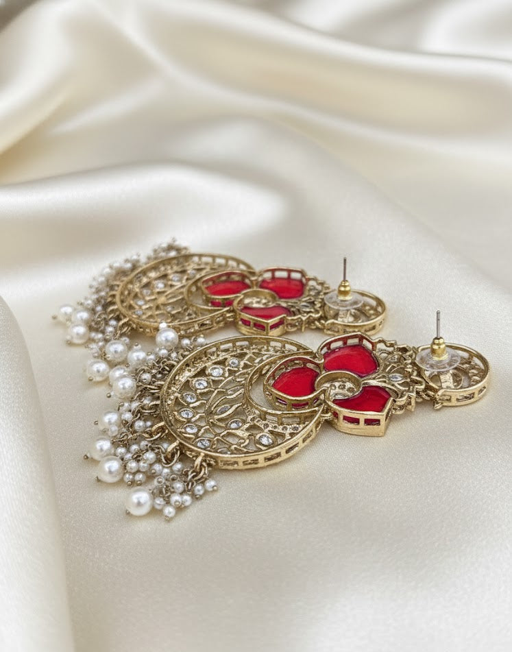 Royal Kundan Chandbali Earrings - Red