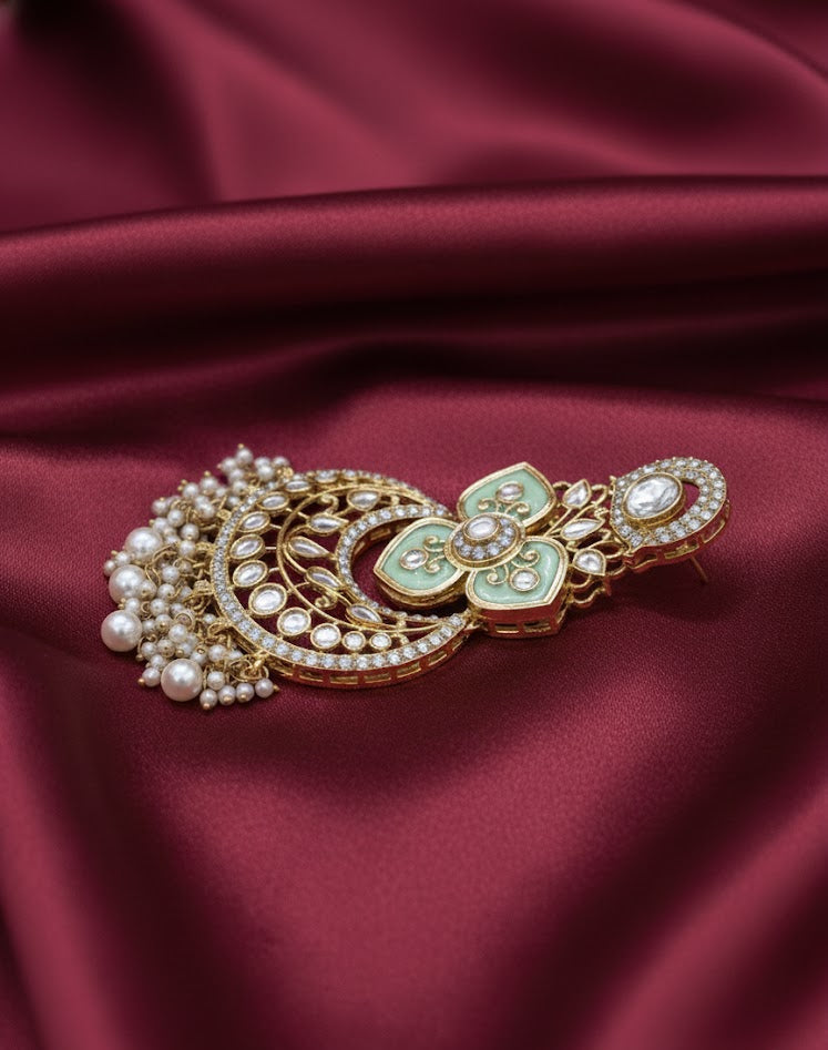 Royal Kundan Chandbali Earrings - Mint Green