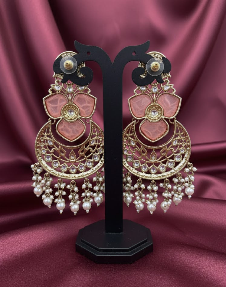 Royal Kundan Chandbali Earrings - Pink