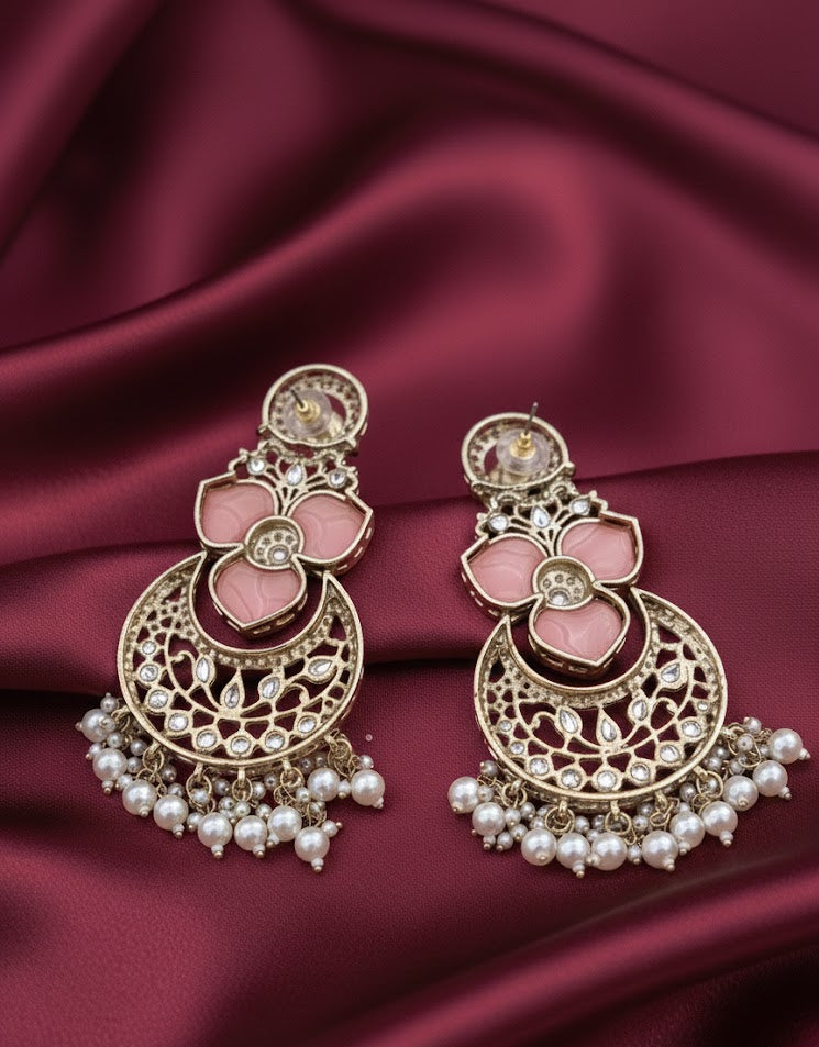 Royal Kundan Chandbali Earrings - Pink