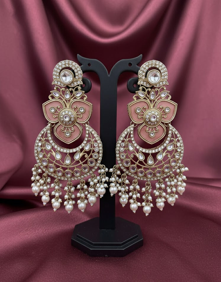 Royal Kundan Chandbali Earrings - Pink