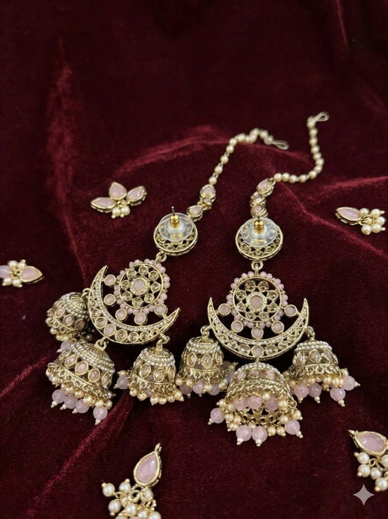 Blush Pink Chandni Triple-Layer Kaan-chain Jhumka