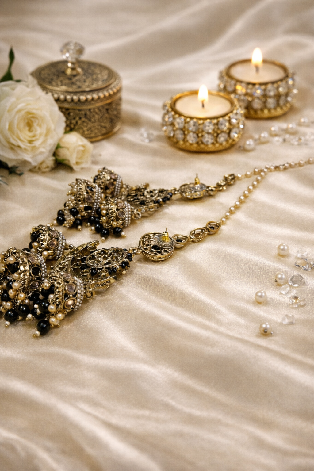 Black Chandni Triple-Layer Kaan-chain Jhumka