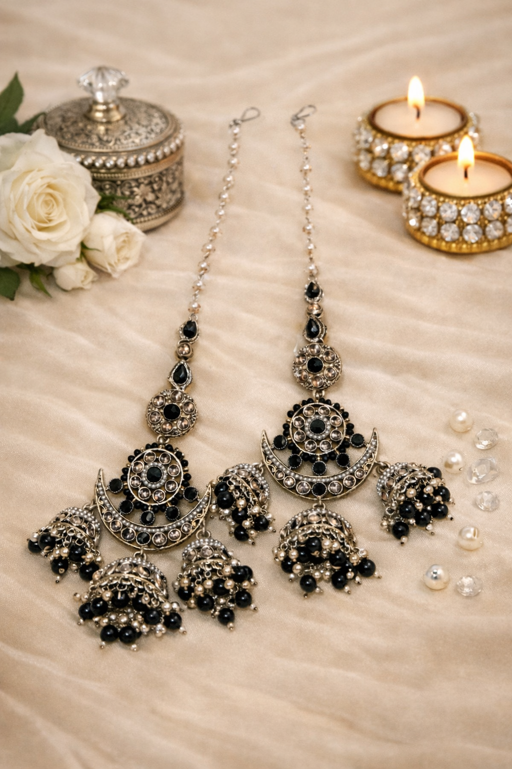 Black Chandni Triple-Layer Kaan-chain Jhumka