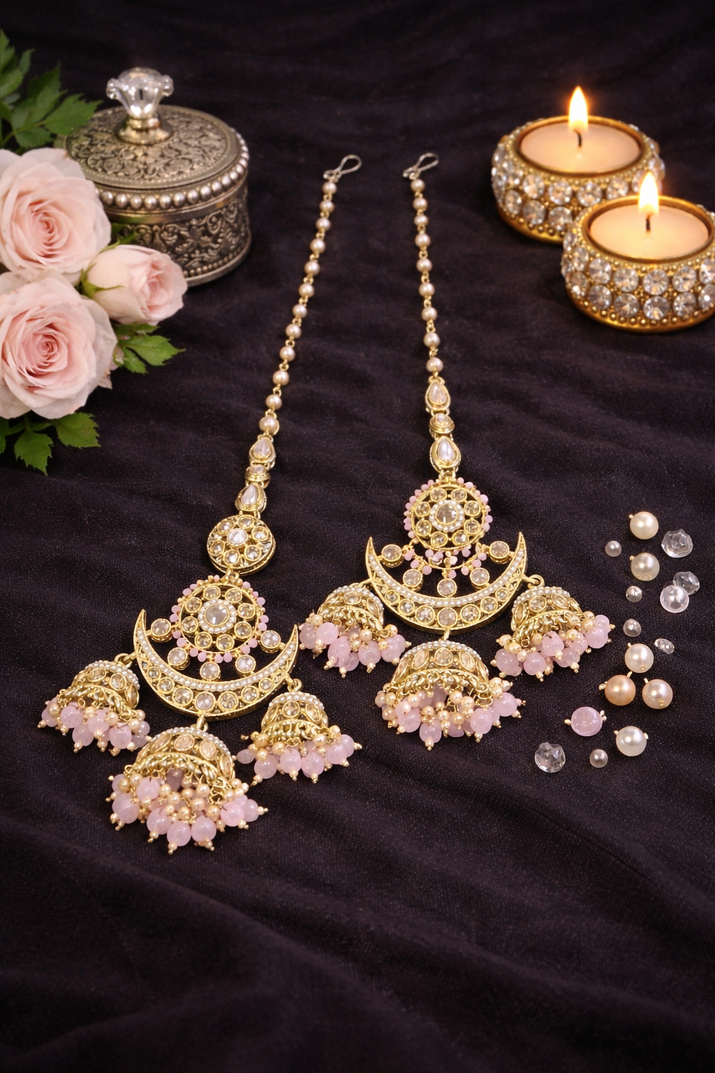 Blush Pink Chandni Triple-Layer Kaan-chain Jhumka