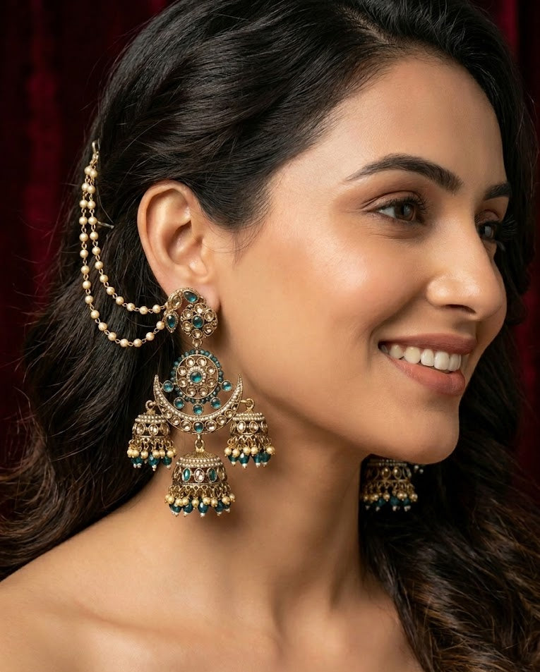 Teal Blue Chandni Triple-Layer Kaan-chain Jhumka