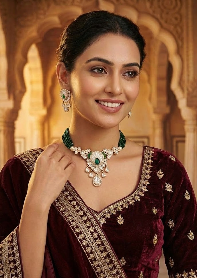 Emerald Green Beaded Polki-Style Choker & Earring Set