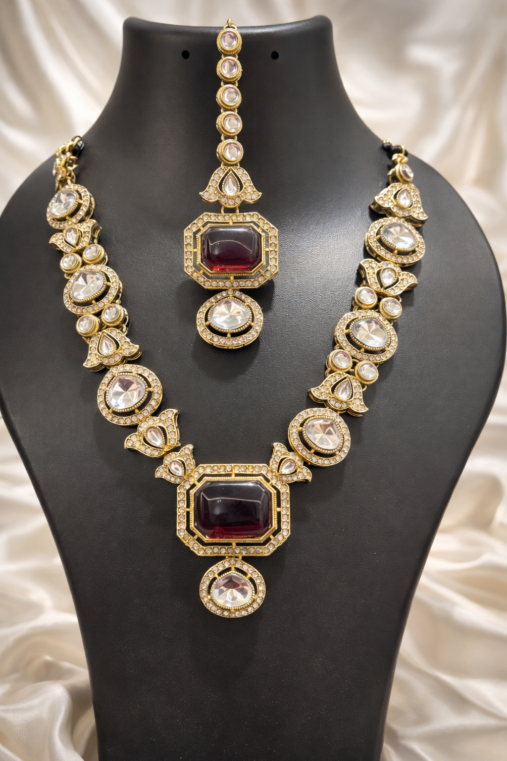The Crimson Heritage Polki Necklace & Mang-Tika Set - Maroon