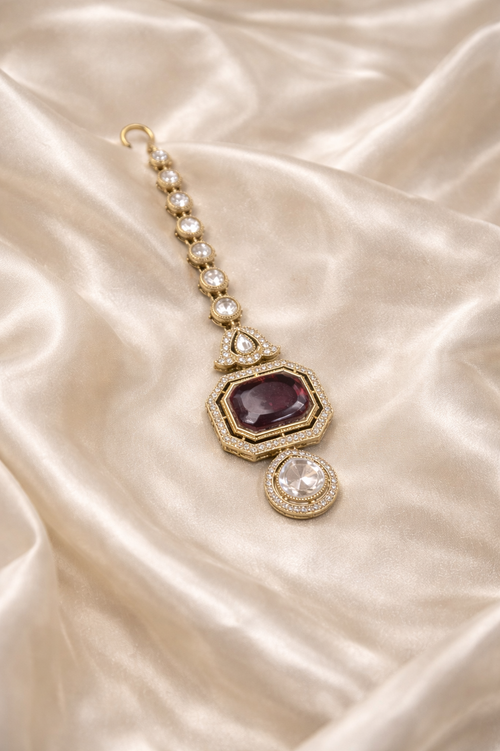 The Crimson Heritage Polki Necklace & Mang-Tika Set - Maroon