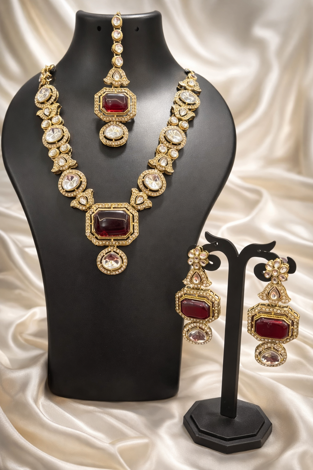 The Crimson Heritage Polki Necklace & Mang-Tika Set - Maroon