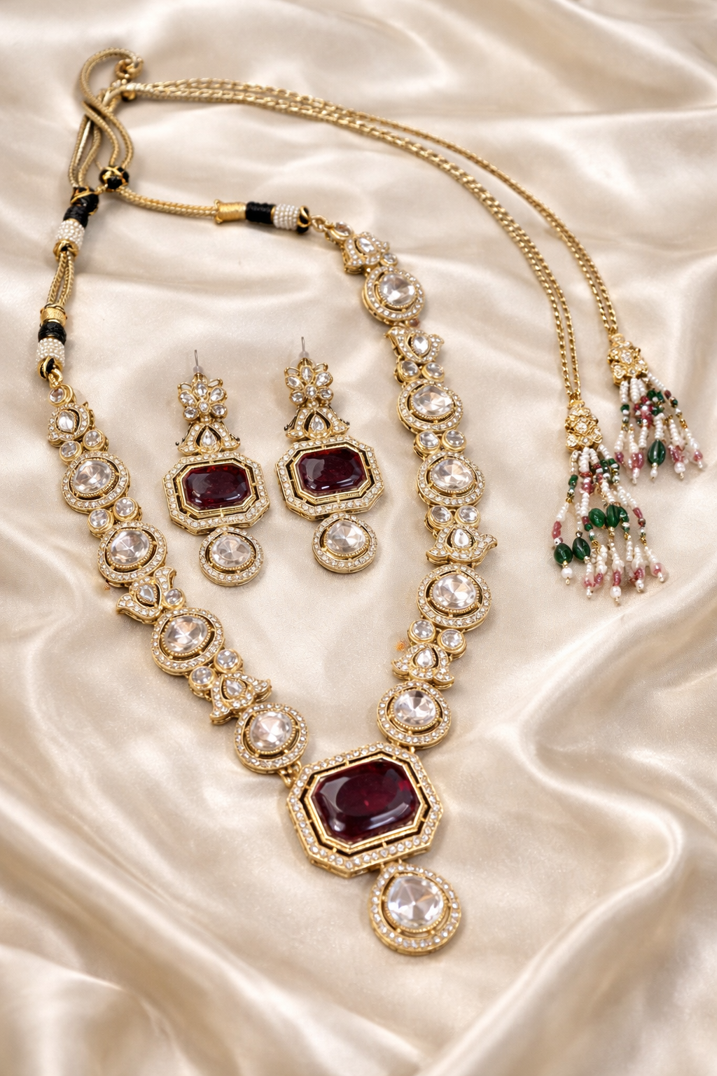 The Crimson Heritage Polki Necklace & Mang-Tika Set - Maroon