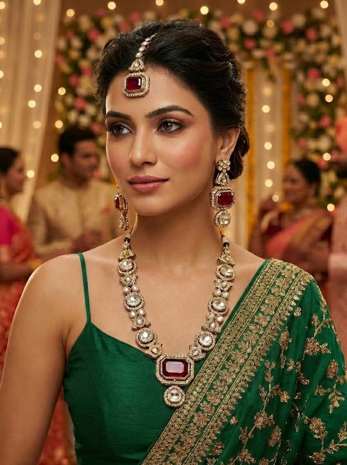 The Crimson Heritage Polki Necklace & Mang-Tika Set - Maroon