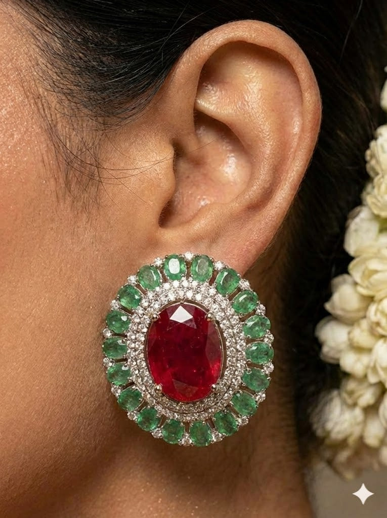 Deep Ruby and Emerald Doublet Stone Stud Earrings - Maroon