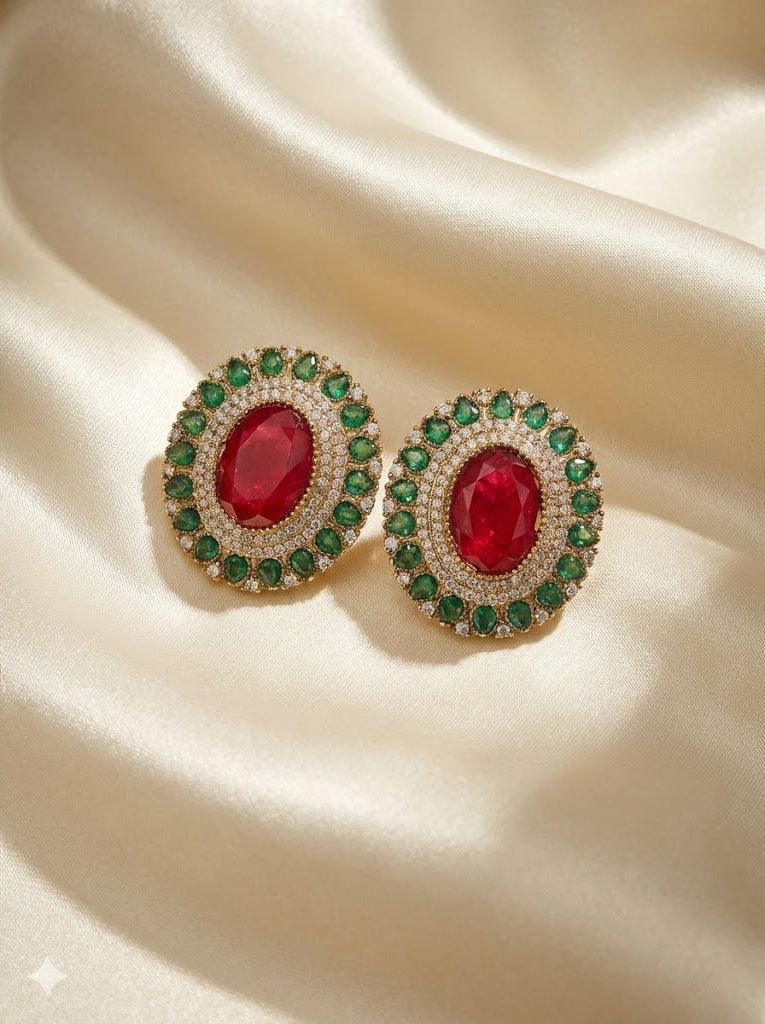 Deep Ruby and Emerald Doublet Stone Stud Earrings - Maroon