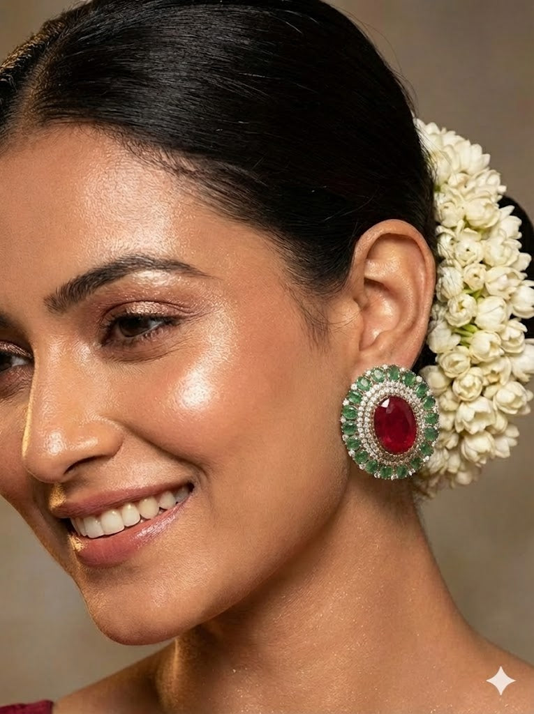 Deep Ruby and Emerald Doublet Stone Stud Earrings - Maroon