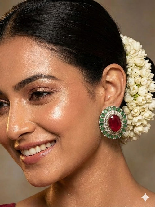 Deep Ruby and Emerald Doublet Stone Stud Earrings - Maroon