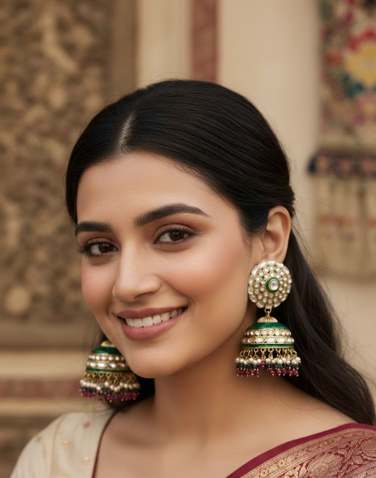 Regal Kundan Jhumka Earrings with Emerald Enamel & Pearl Drops - Rani Blue