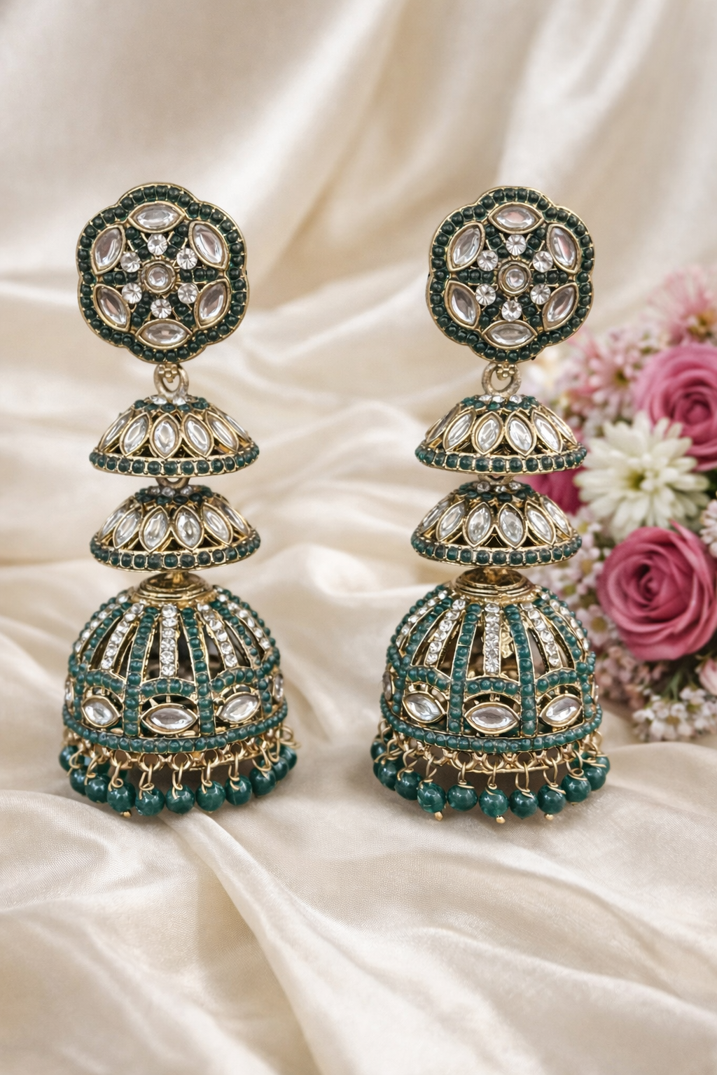 Emerald-Toned Kundan Layered Jhumka Earrings