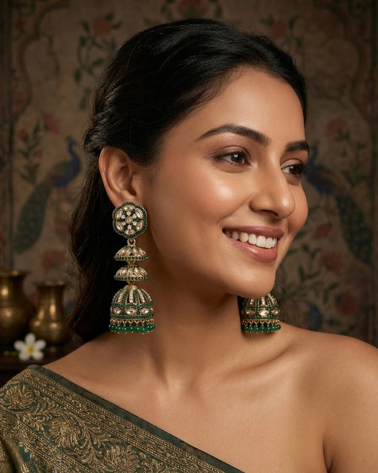 Emerald-Toned Kundan Layered Jhumka Earrings