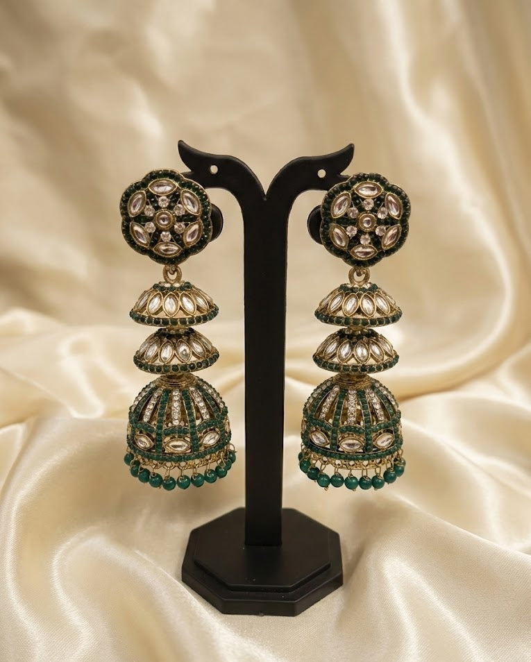 Emerald-Toned Kundan Layered Jhumka Earrings