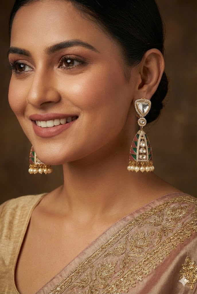 The Geometric Regal Drop Earrings - Pink & Emerald