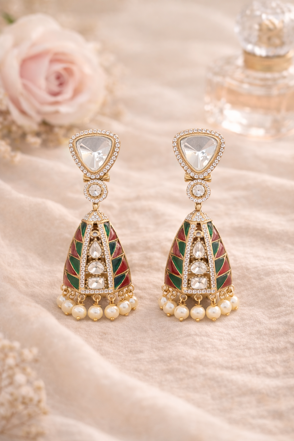 The Geometric Regal Drop Earrings - Pink & Emerald