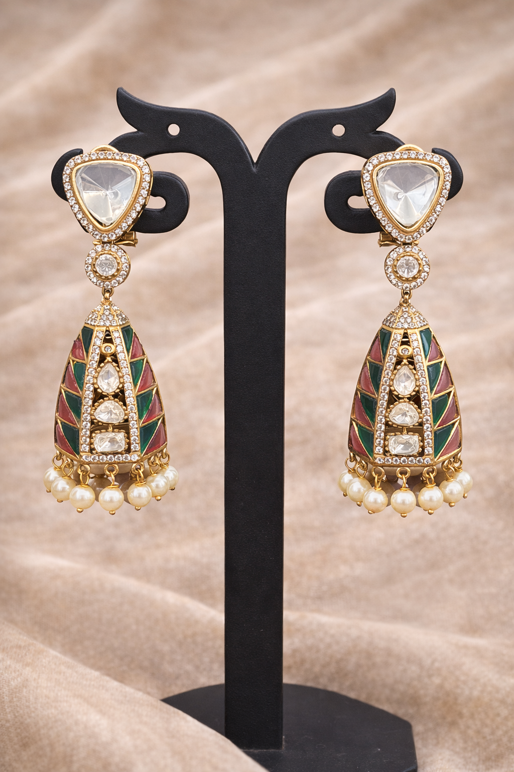 The Geometric Regal Drop Earrings - Pink & Emerald