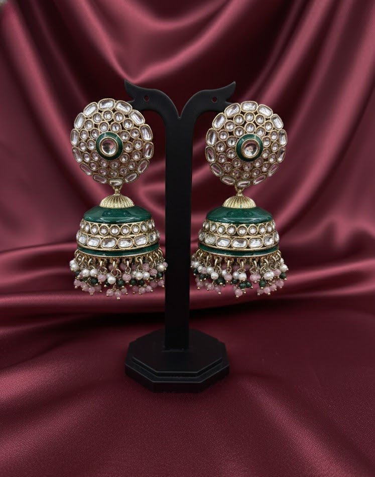 Regal Kundan Jhumka Earrings with Emerald Enamel & Pearl Drops - Green Pink