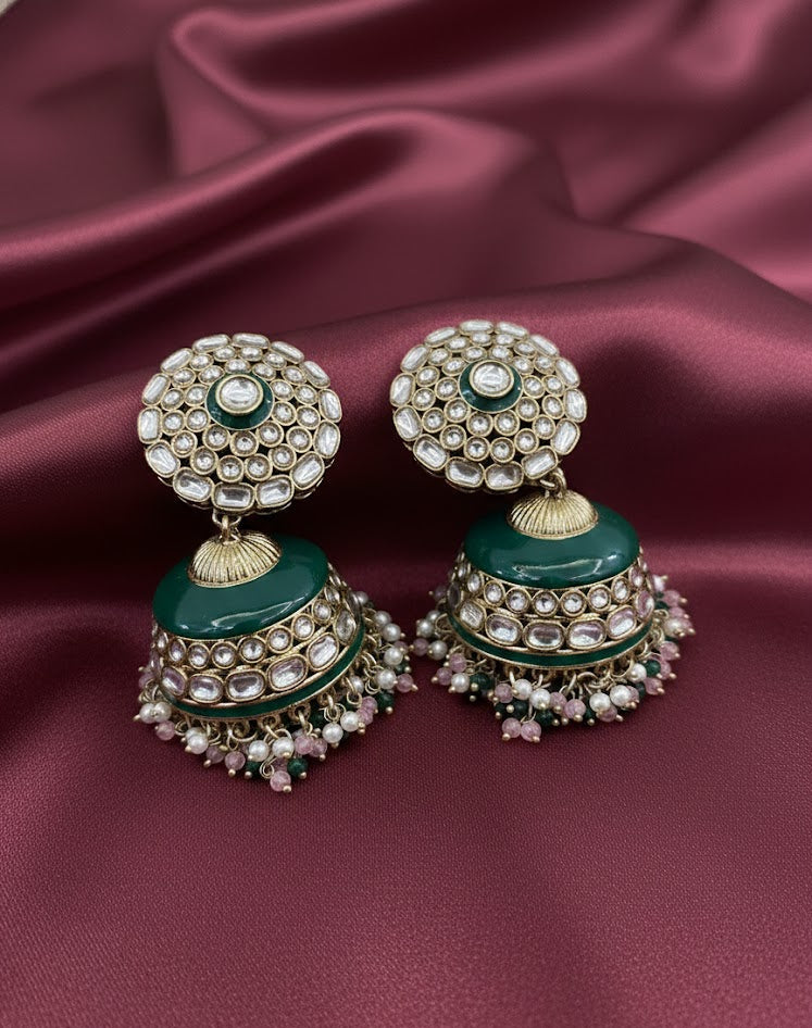 Regal Kundan Jhumka Earrings with Emerald Enamel & Pearl Drops - Green Pink