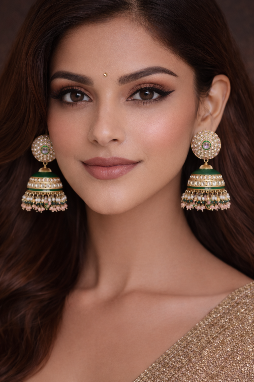 Regal Kundan Jhumka Earrings with Emerald Enamel & Pearl Drops - Green Pink