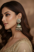 Regal Kundan Jhumka Earrings with Emerald Enamel & Pearl Drops - Green Pink