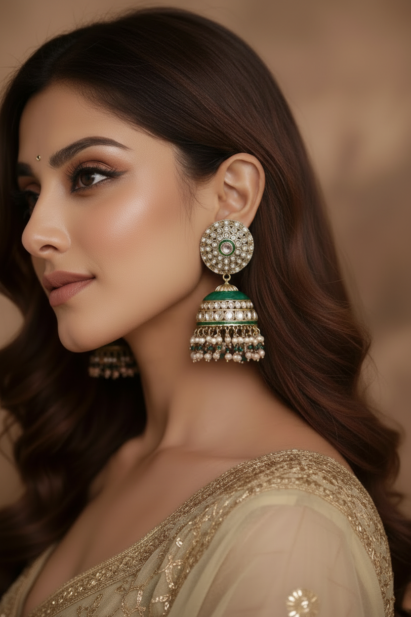 Regal Kundan Jhumka Earrings with Emerald Enamel & Pearl Drops - Green Pink