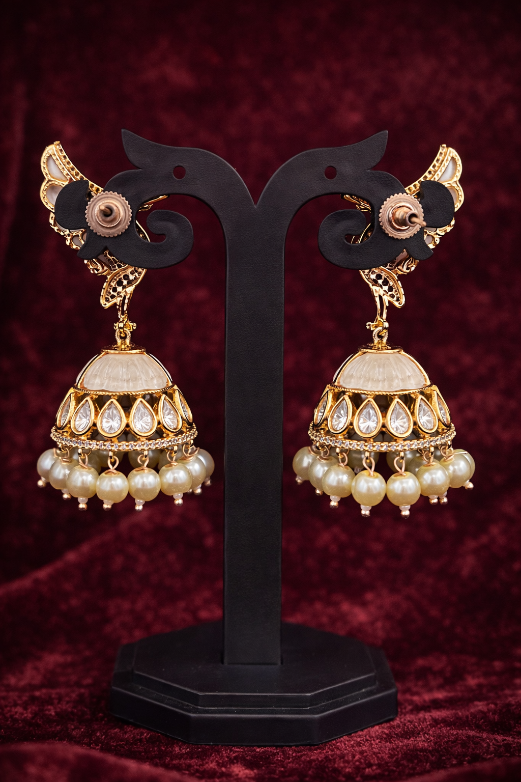 The Royal Hansa: Carved Polki & Pearl Jhumkas - White