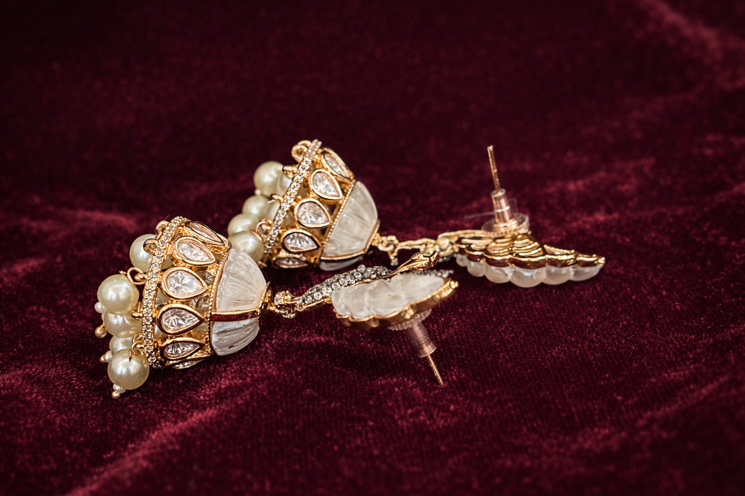 The Royal Hansa: Carved Polki & Pearl Jhumkas - White