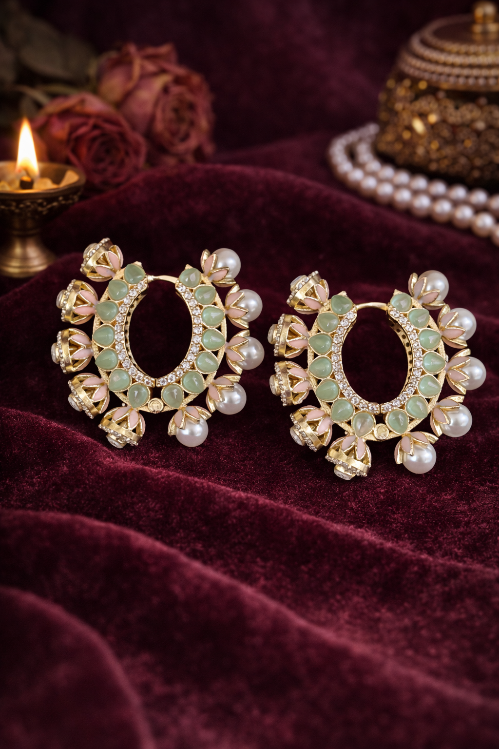 Gulmarg Floral Pearl Hoop Earrings - Mint Green