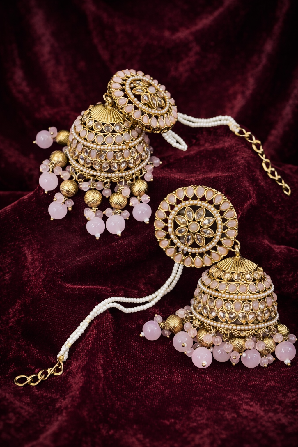 Gul-e-Noor Pastel Pink Kaan-Chain Jhumka & Maang Tikka Set