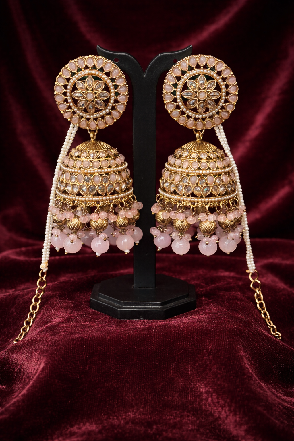 Gul-e-Noor Pastel Pink Kaan-Chain Jhumka & Maang Tikka Set
