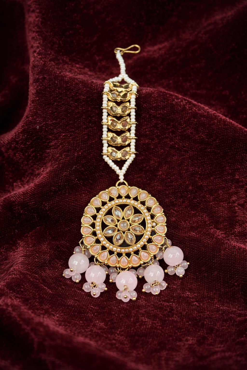 Gul-e-Noor Pastel Pink Kaan-Chain Jhumka & Maang Tikka Set