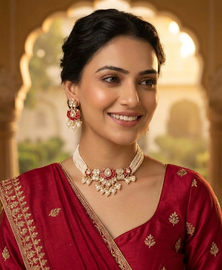 The Gulmarg Crimson Lotus Pearl Choker Set