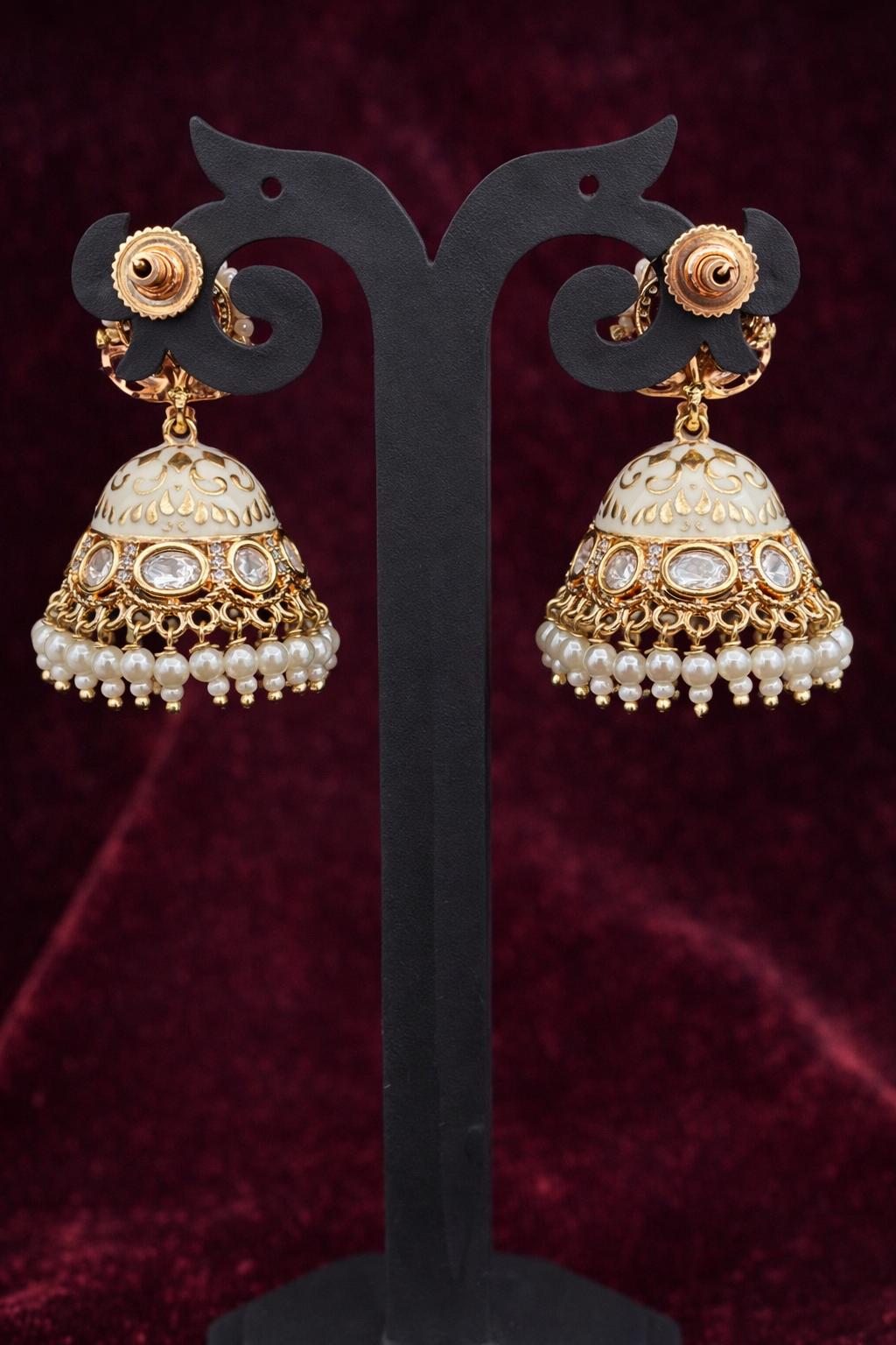 The Ivory Lotus Jhumkas | Meenakari & Pearl Drops