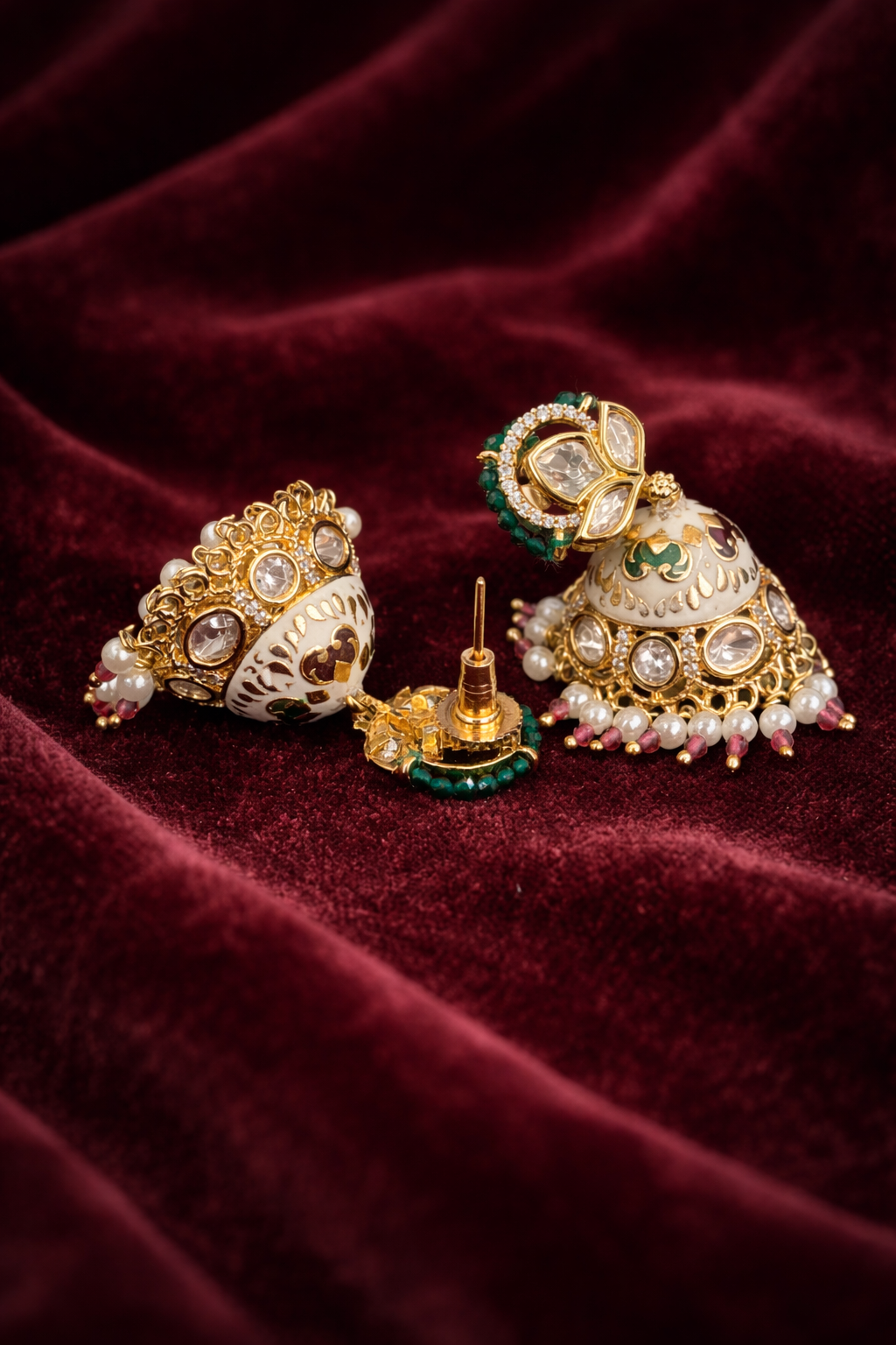The Emerald Green Lotus Jhumkas | Meenakari & Pearl Drops