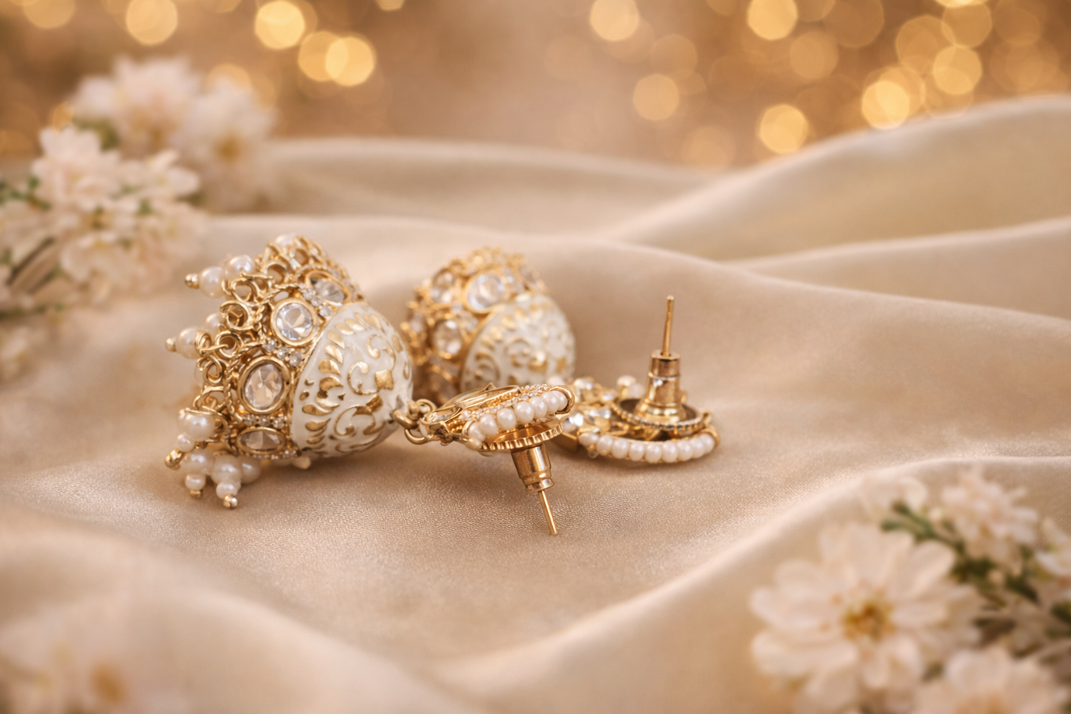 The Ivory Lotus Jhumkas | Meenakari & Pearl Drops