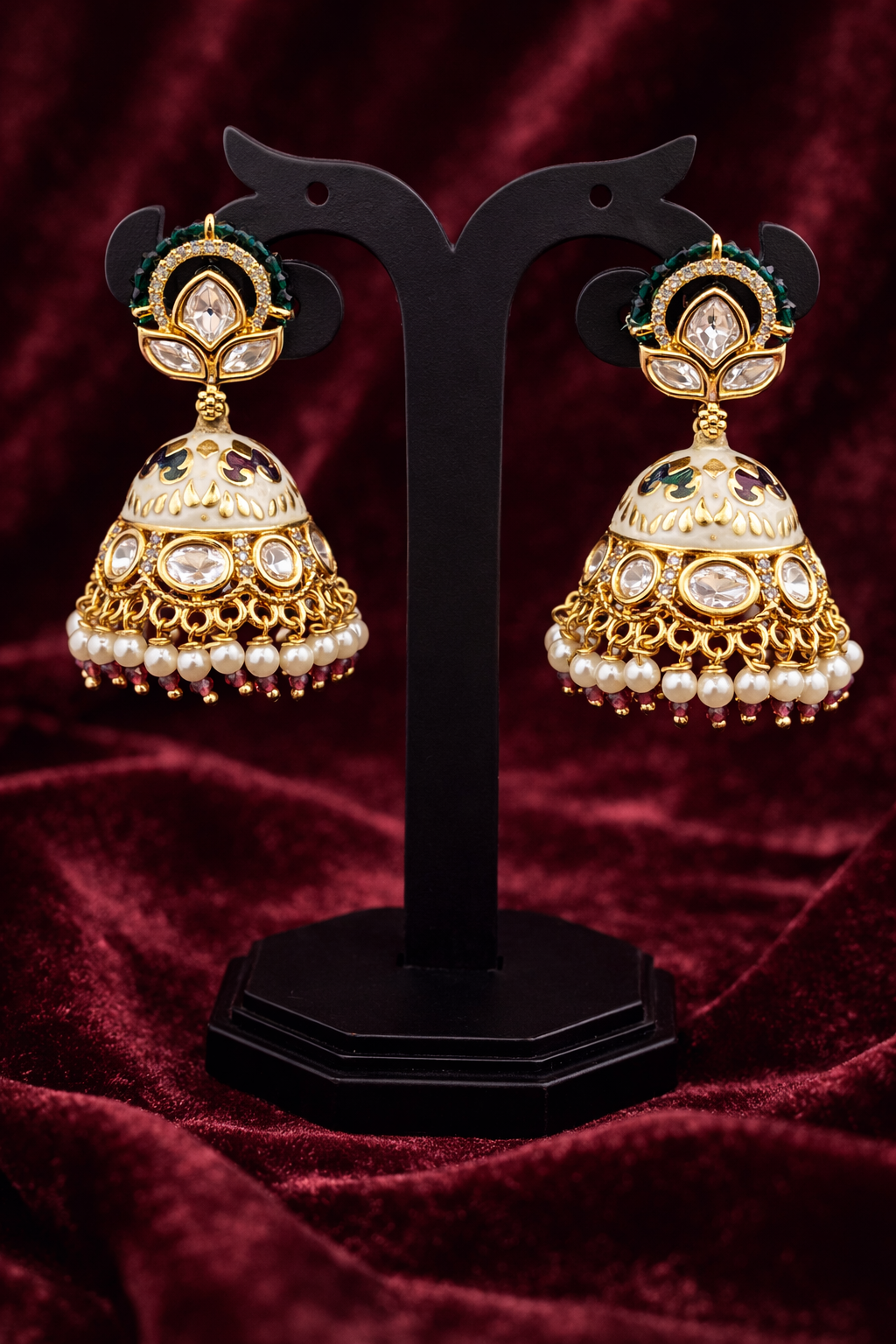 The Emerald Green Lotus Jhumkas | Meenakari & Pearl Drops