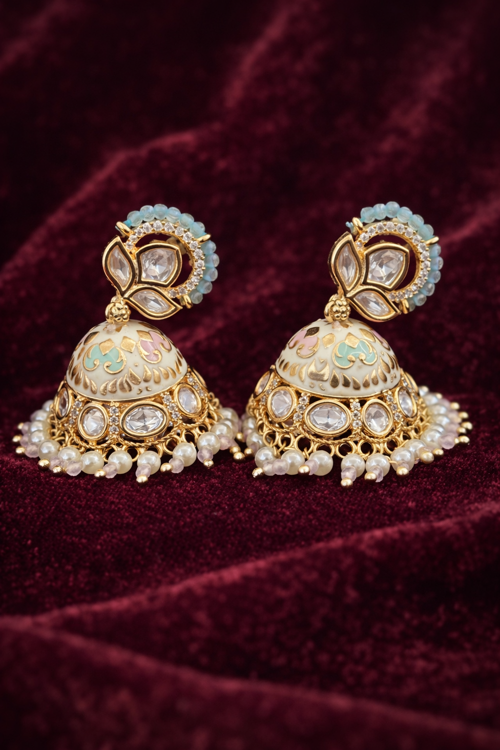 The Mint & Pink Lotus Jhumkas | Meenakari & Pearl Drops