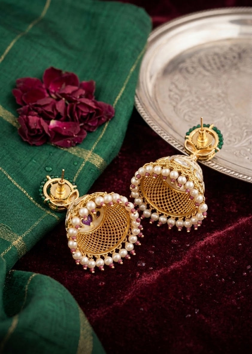 The Emerald Green Lotus Jhumkas | Meenakari & Pearl Drops